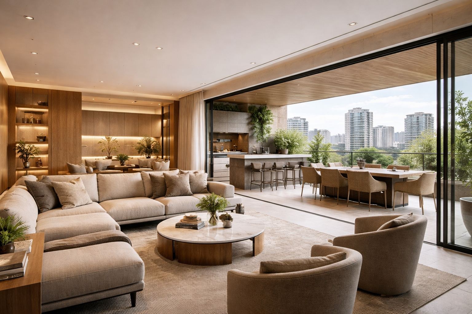 Ambiente residencial reformado com acabamento sofisticado